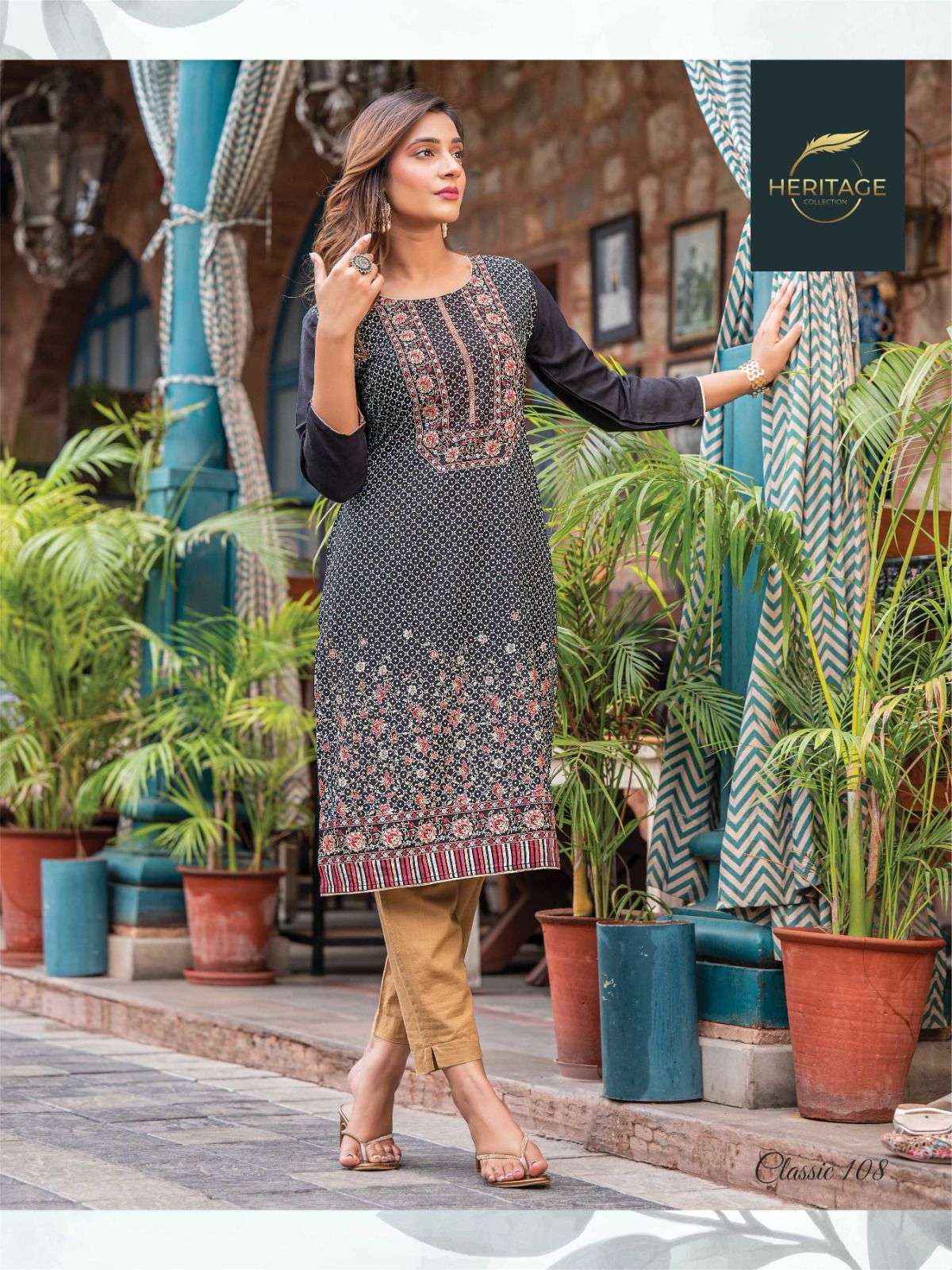CLASSIC BY RAYON SLUB PRINT WITH HANDWORK DESIGNER KURTI BY HERITAGE COLLECTION BRAND 108